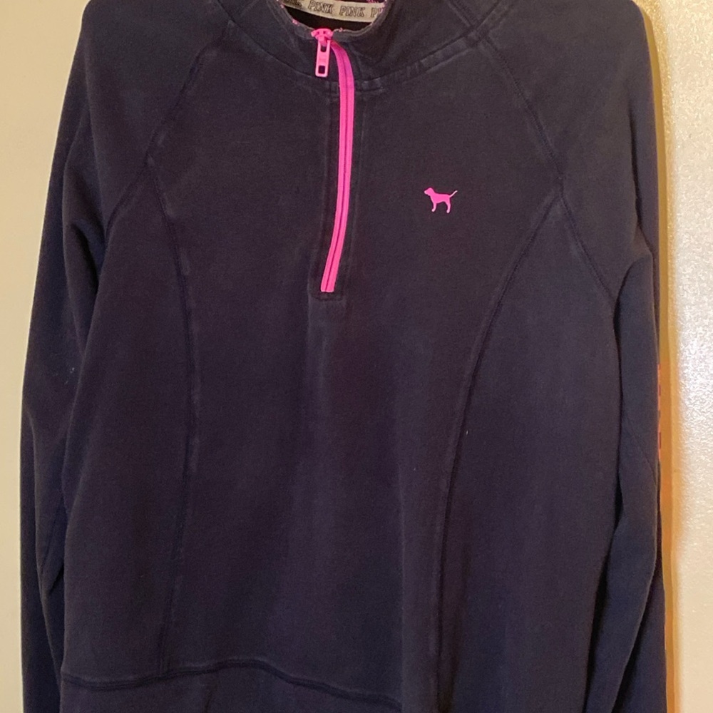 Victoria’s Secret PINK Black Quarter Zip Pullover Sweatshirt Size L Logo Dog